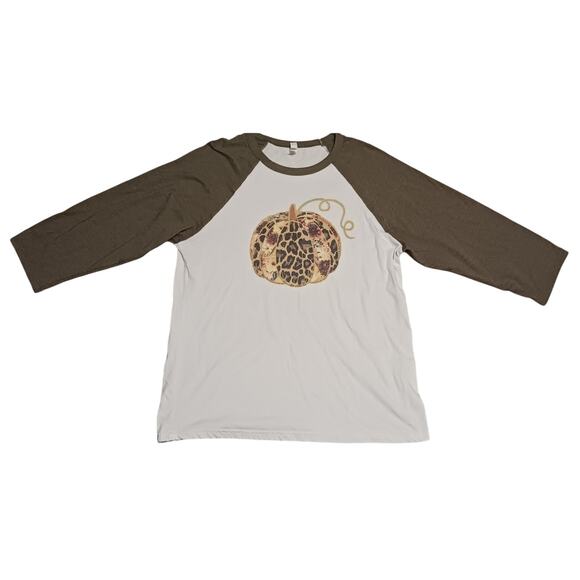 Canvas Womens Leopard Floral Print Pumpkin on a 3/4 Sleeve T-shirt Size XL EUC - Picture 1 of 8